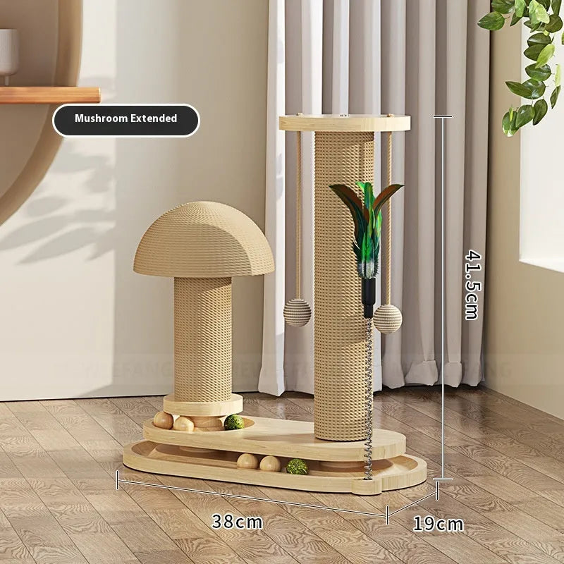 Solid wood cat turntable scratching post with oval mushroom design and natural finish for indoor climbing