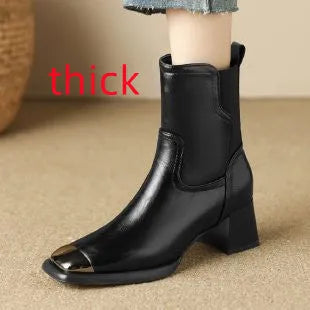 Brown women's cowhide Martin ankle boots with a high heel and side zipper on a white background.