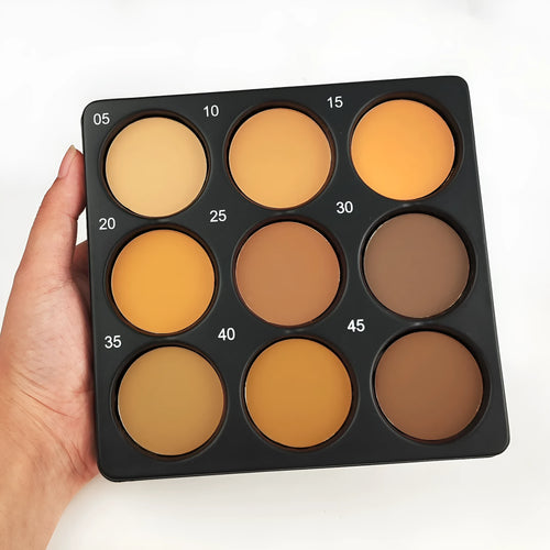 Dark matte makeup palette with 9 waterproof colours for eyes cheeks and contour applications