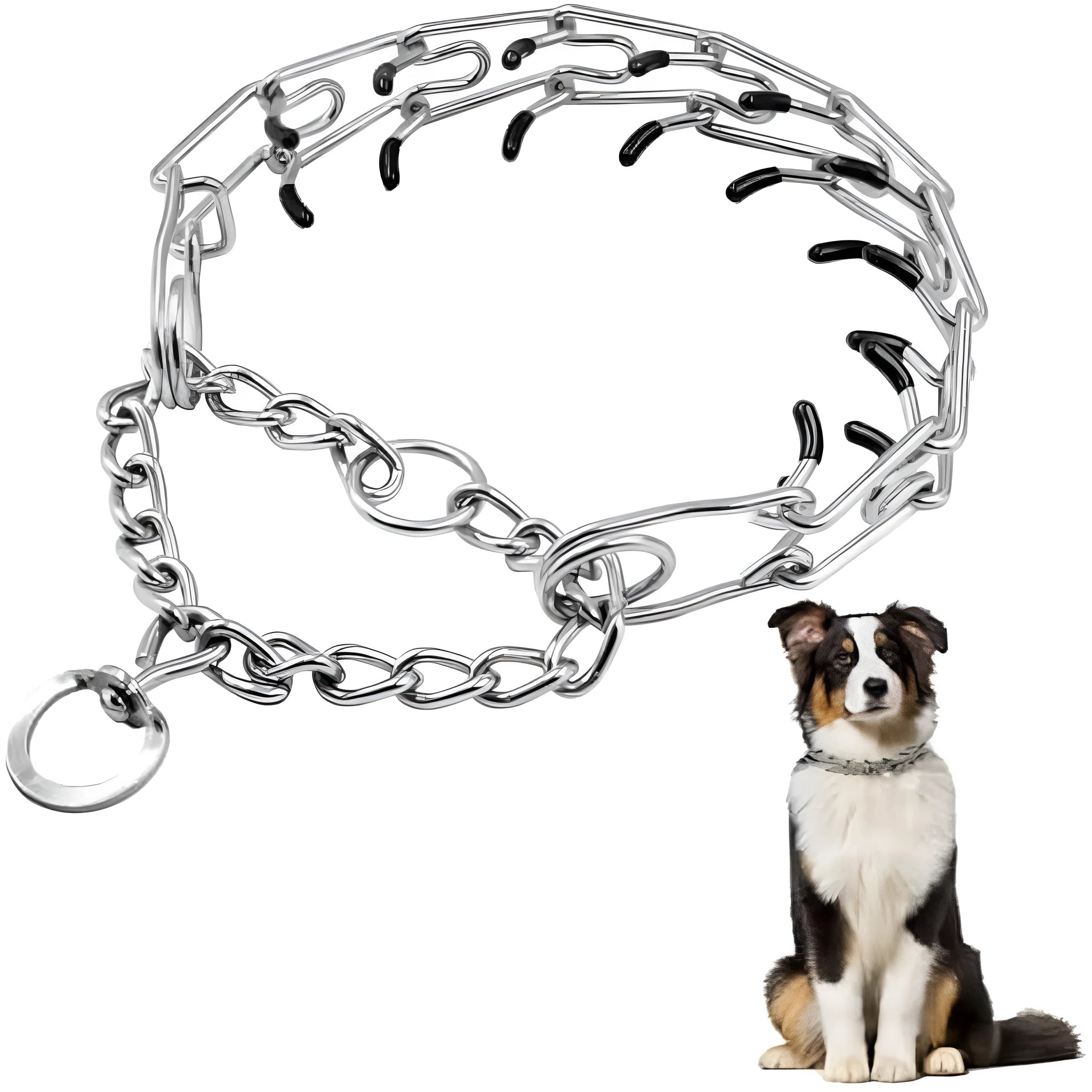 Stainless steel adjustable dog training collar with round head links and rubber tipped prongs