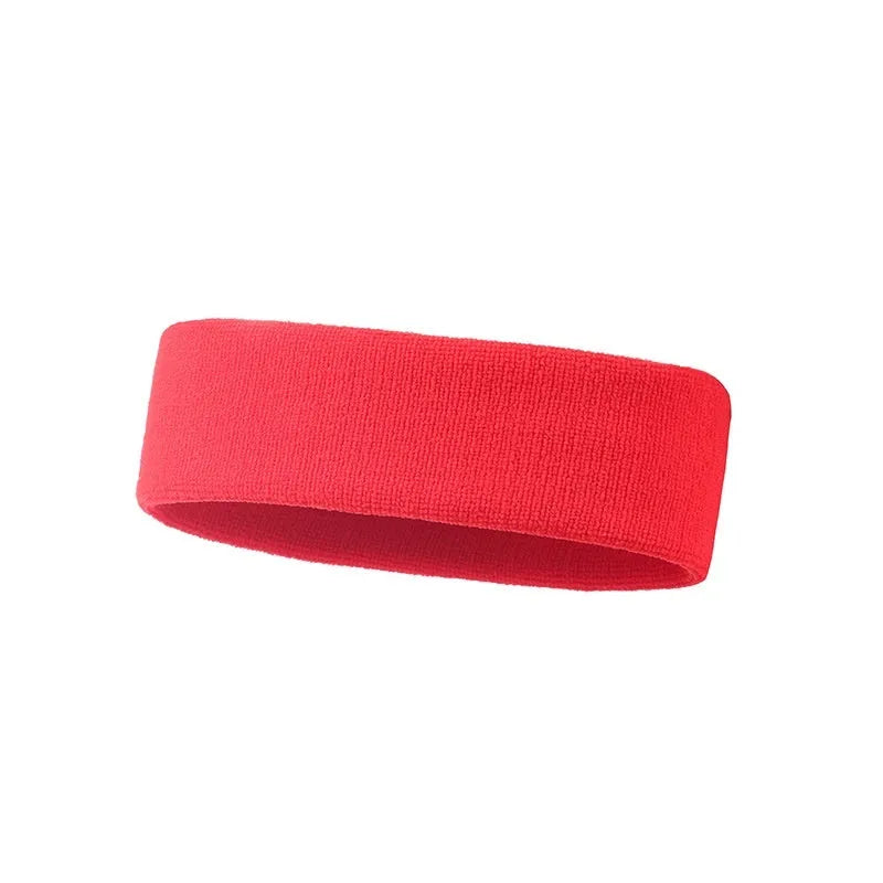 Elastic widening sports sweat band in black, blue, red, rose red, and sky blue solid colours.