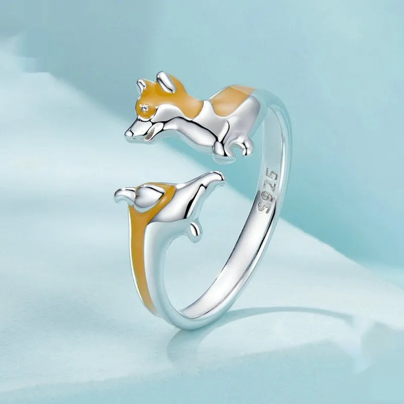 Silver electroplated adjustable corgi dog ring with cartoon design