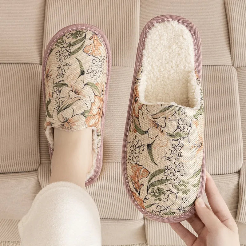 Household cotton slippers with floral patterns and PVC soles in various colours and sizes