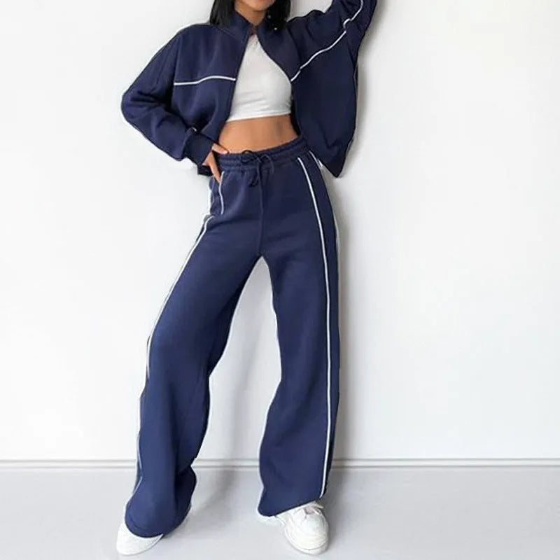 Casual polyester suit set with mock neck hoodie and lace-up striped trousers in six colour options