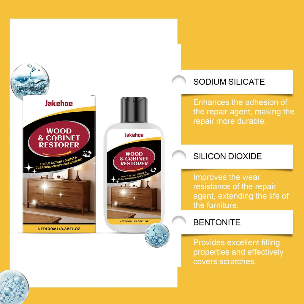 Wooden furniture scratch care kit showing 100ml bottle and microfiber towel on packaging