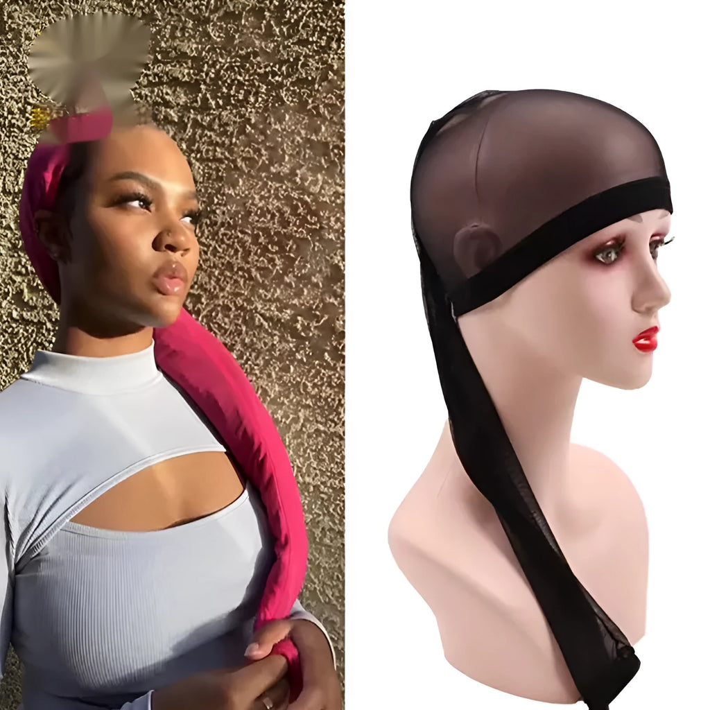 High elasticity spandex mesh wig cap in oversleeve style, shown in multiple colour options.