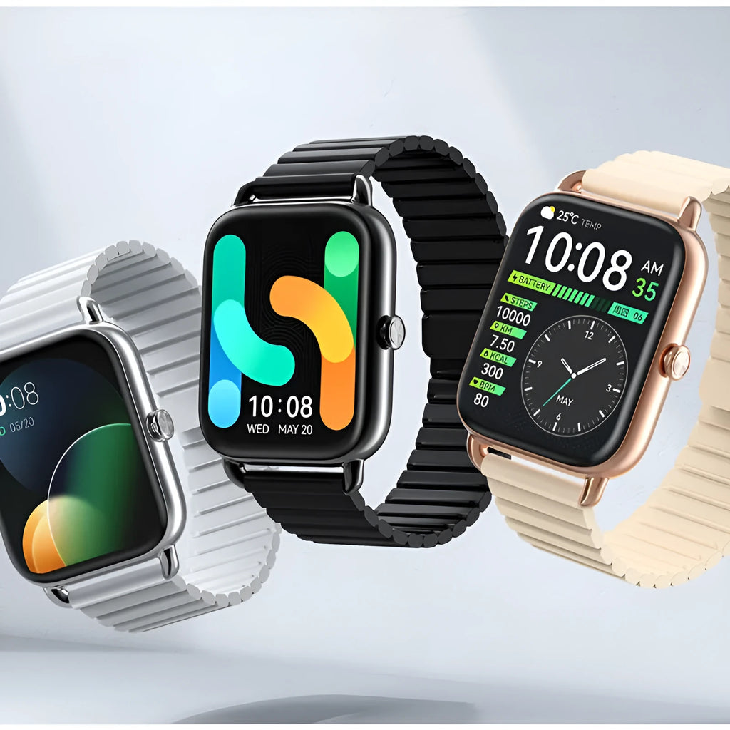 HAYLOU RS4 Plus smartwatch in black, silver, or champagne with AMOLED screen and silicone strap.