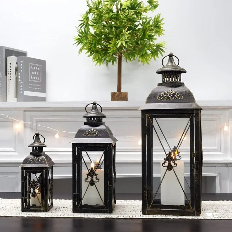 European style black and white wrought iron floor-standing storm lantern with tempered glass for courtyard decoration