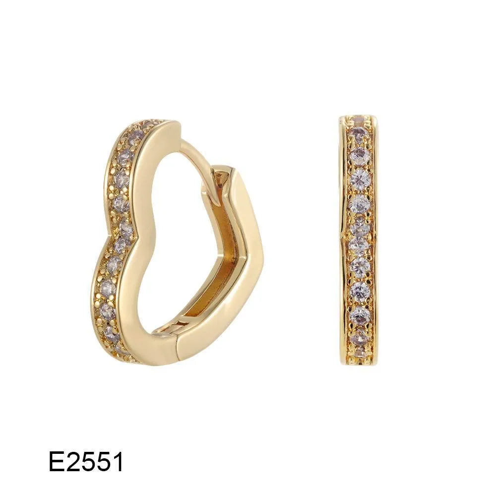Brass gold plated heart-shaped zircon ear clip earrings with gang drill elements
