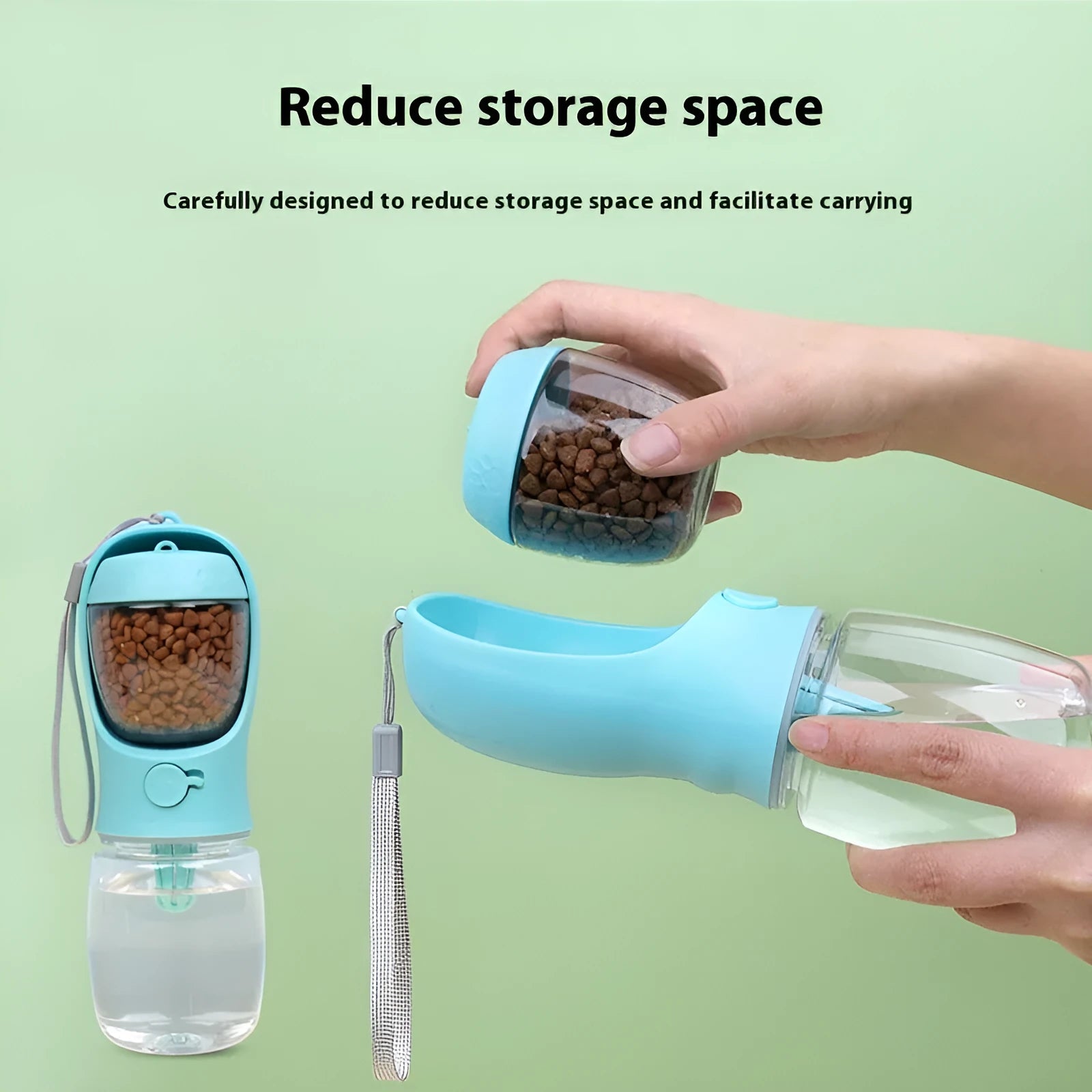 Portable dual-use dog drinking cup showing water dispenser and separate grain bowl compartment