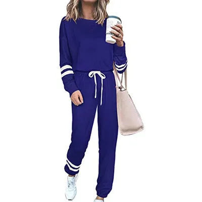 Women's loose fit solid color two-piece casual suit in apricot, black, and blue sizes S to 3XL
