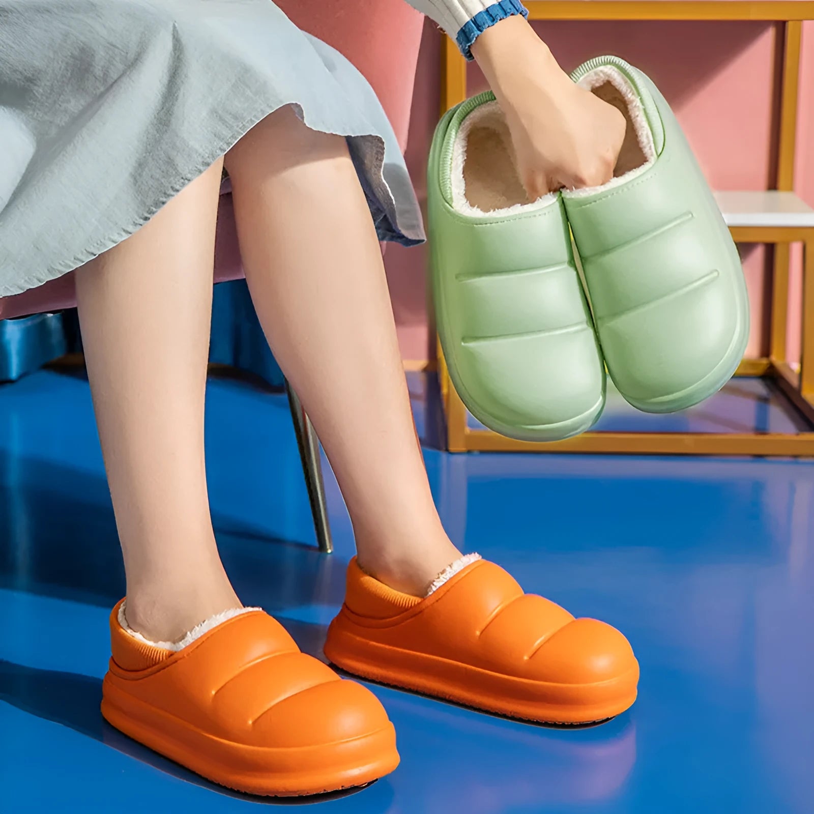 Women's waterproof garden slipper in green with plush lining and a textured non-slip EVA sole.