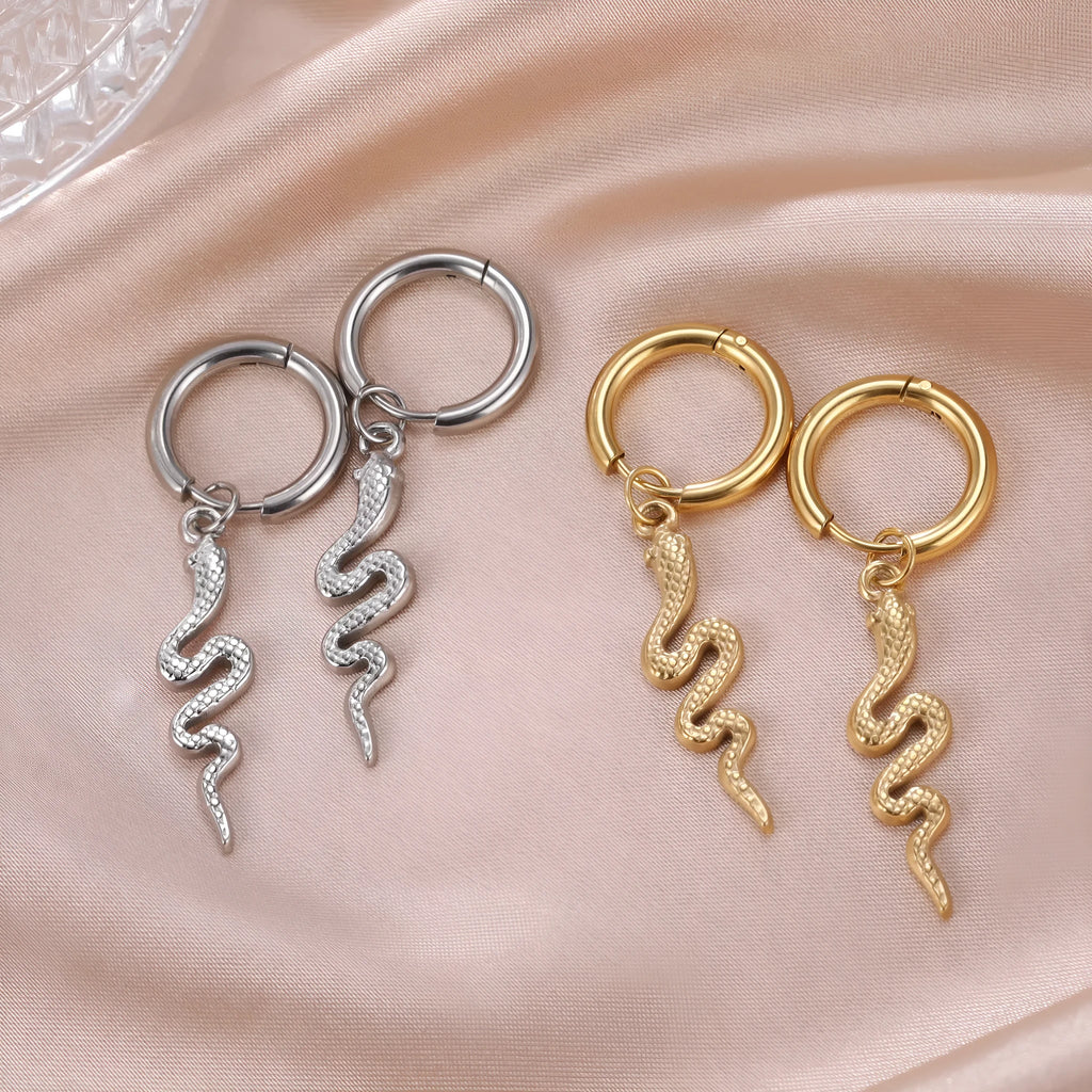 Stainless steel snake-shaped vintage clip earrings with electroplated gold finish and animal zodiac design