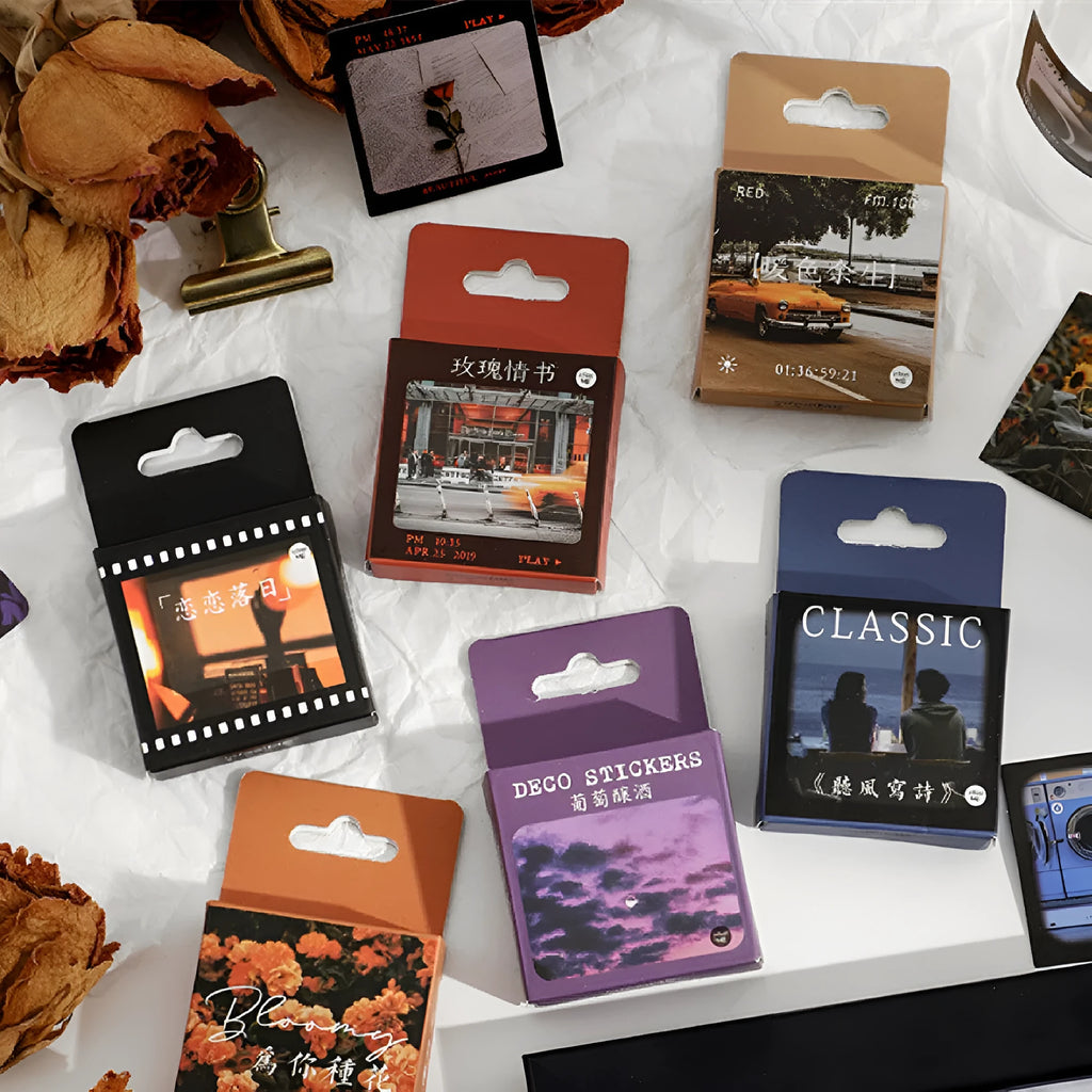 Nordic style decorative sticker box set showing six colour designs with square 44mm stickers