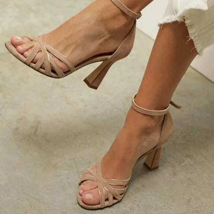 Apricot coloured suede women's high heel sandals with a fish mouth peep toe design