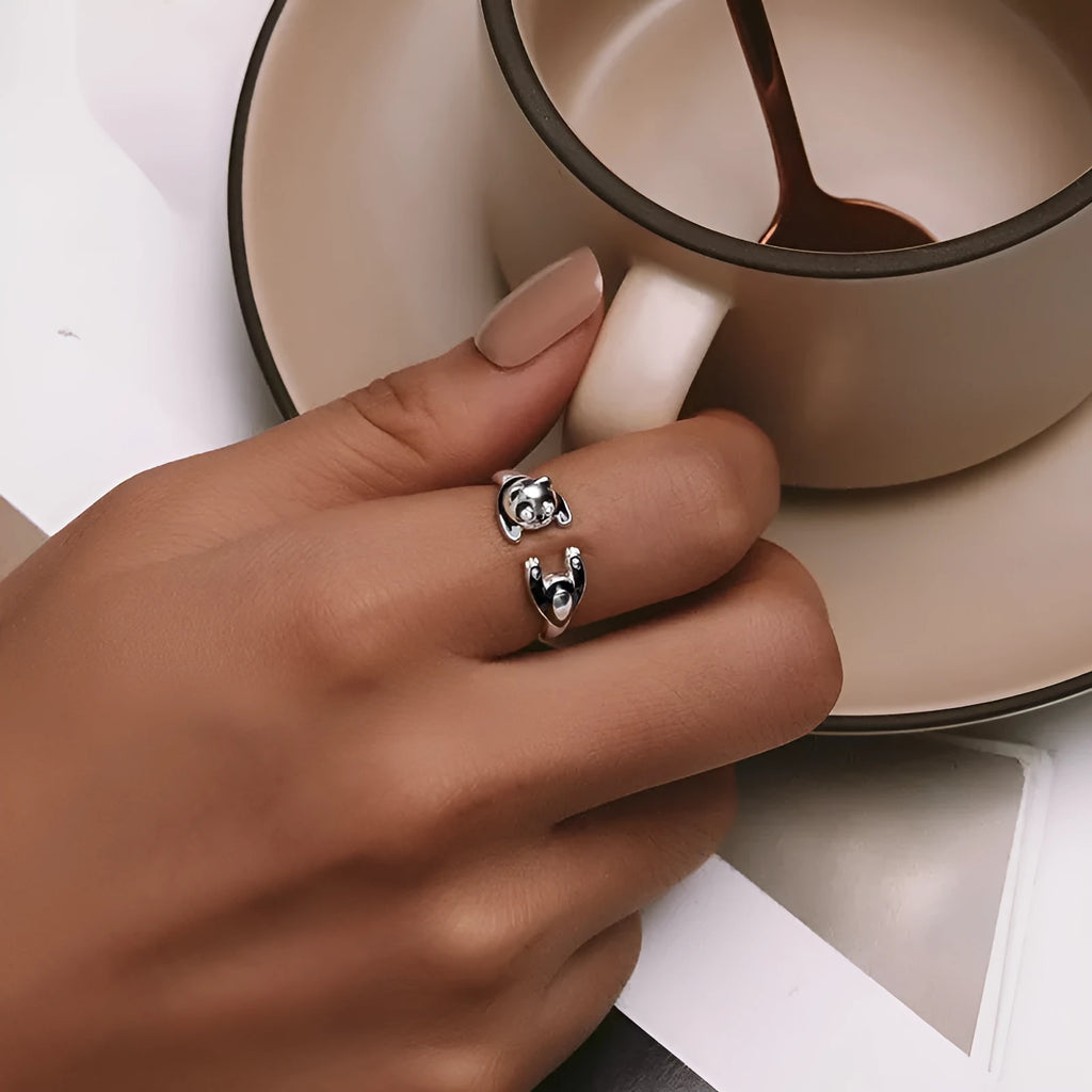Sterling silver panda open ring bracelet with white gold plating and adjustable opening