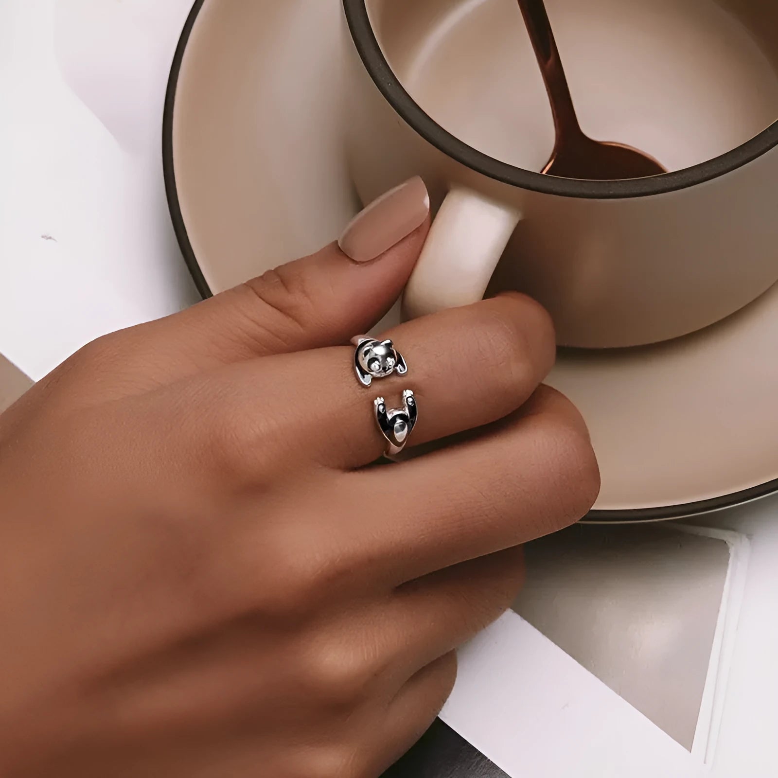 Sterling silver panda open ring bracelet with white gold plating and adjustable opening