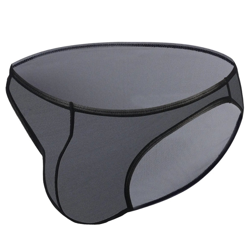 Men's black quick-dry nylon low waist triangle brief fashion shorts laid flat