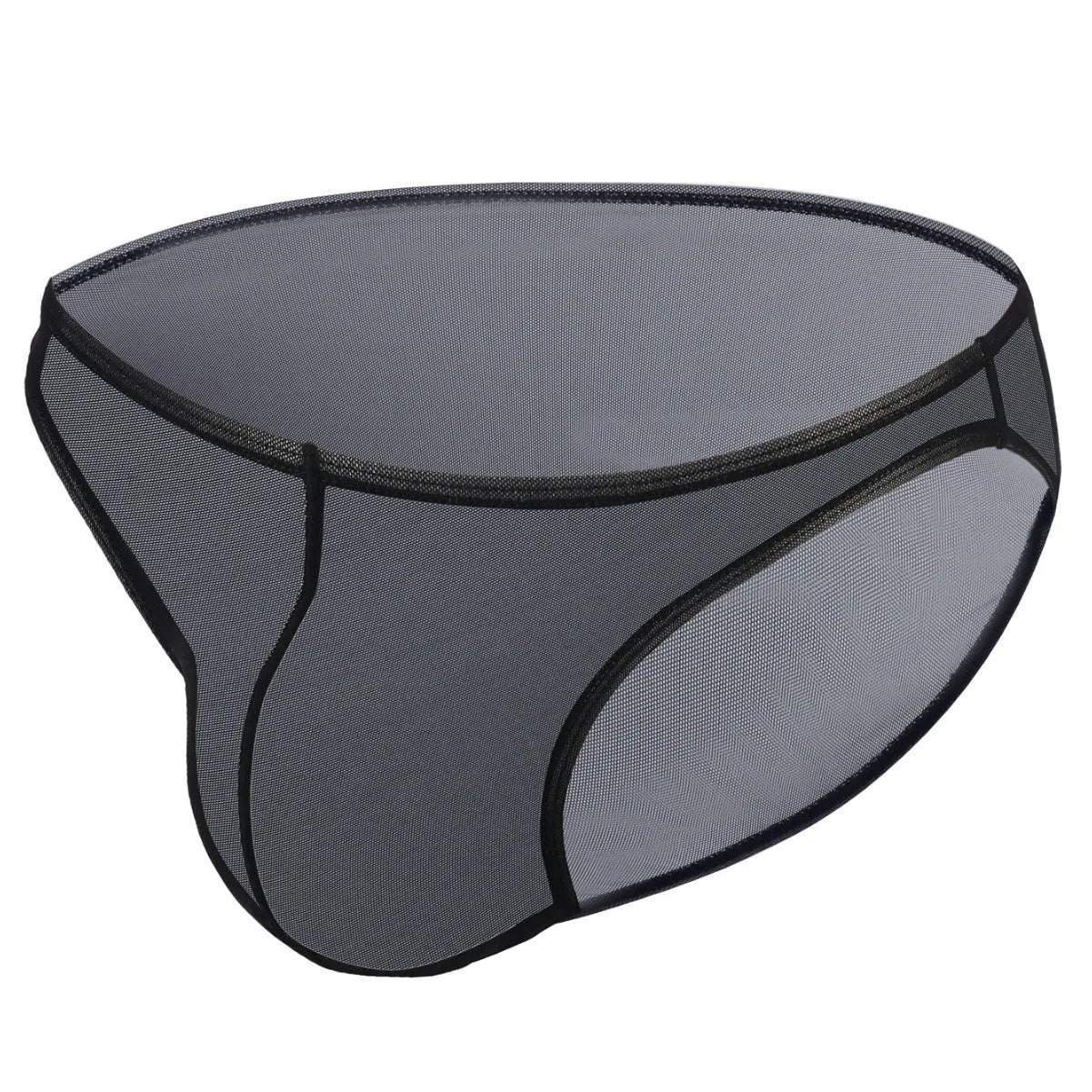 Men's black quick-dry nylon low waist triangle brief fashion shorts laid flat