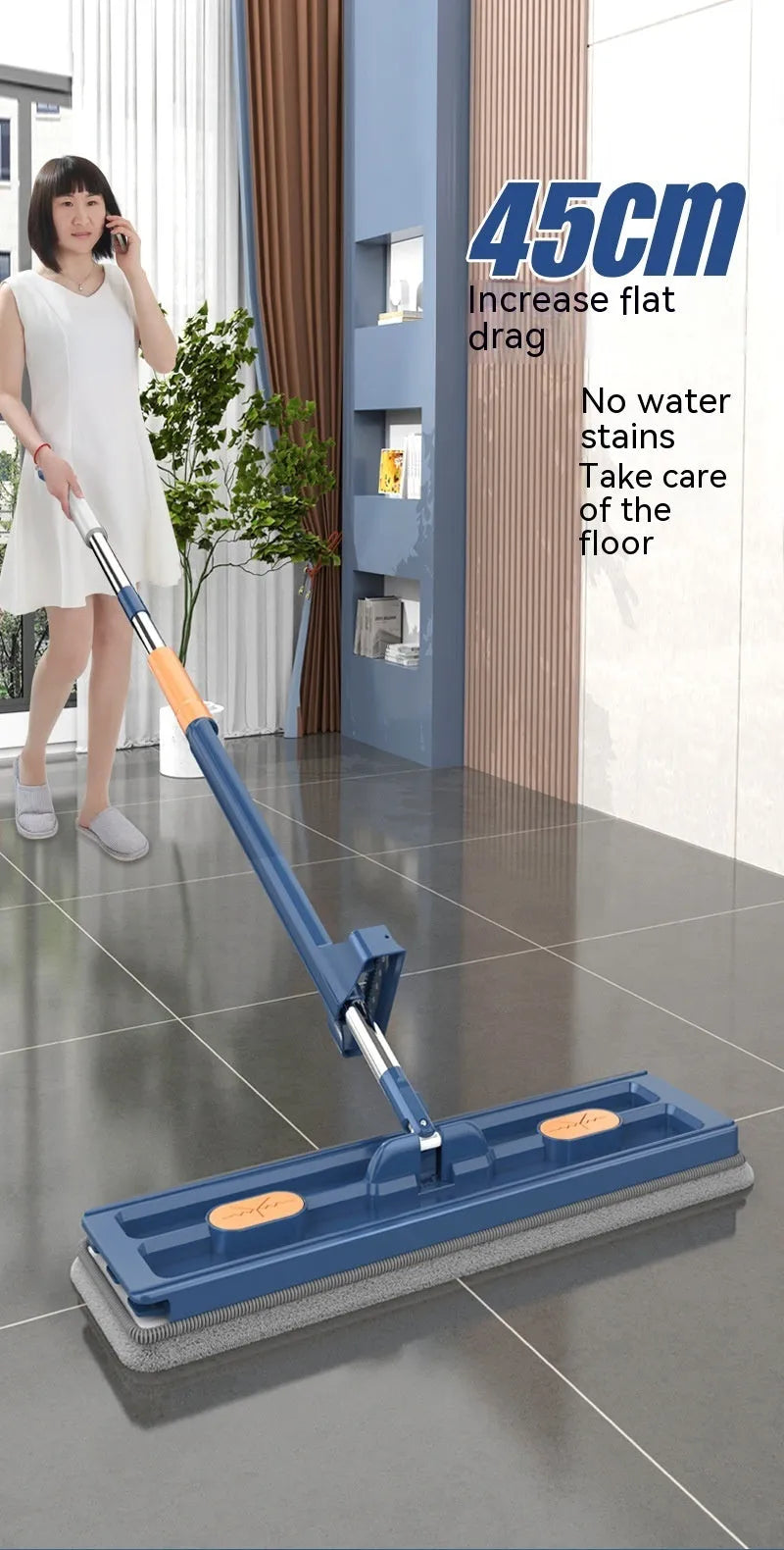 Large flat mop with stainless steel handle and 360 rotating head for hard floor cleaning