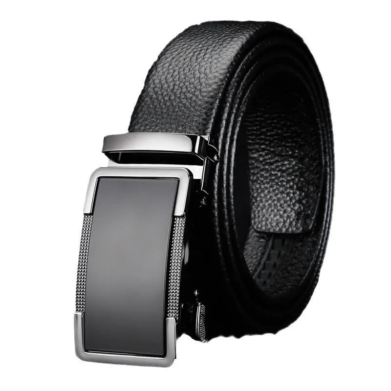 Men's leather belt with an automatic alloy buckle in gun black, silver, or gold colour, showing length adjustment.