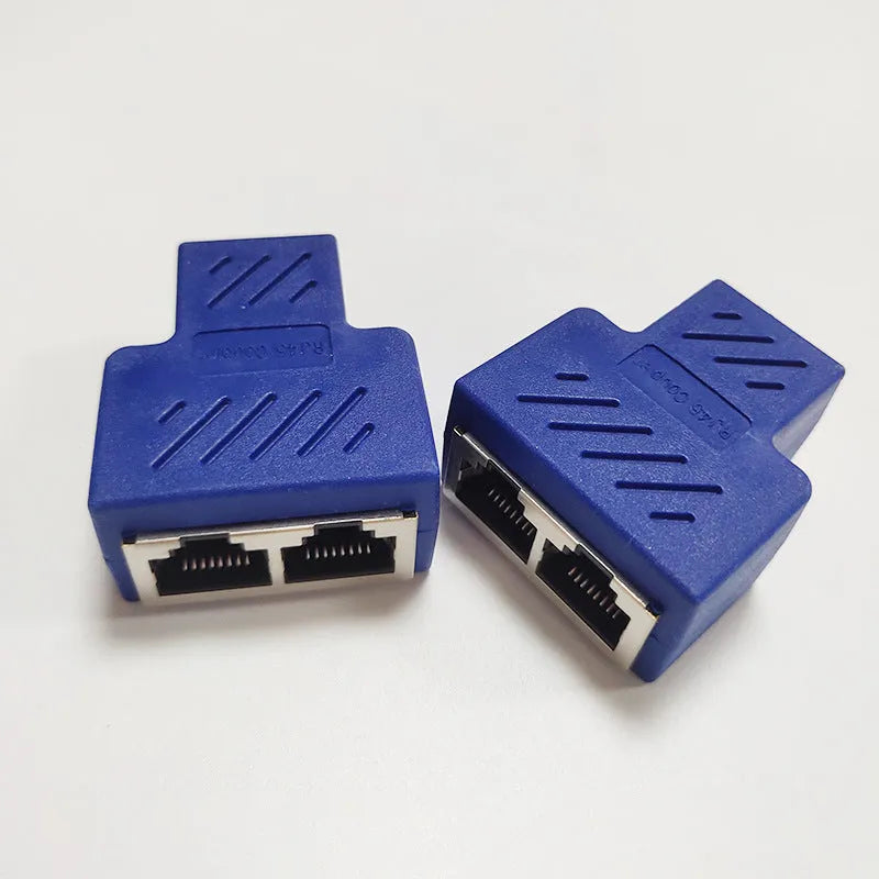 RJ45 network cable splitter adapter showing one input and three output ports in multiple colour options