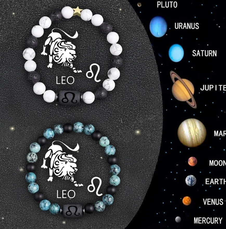 Natural stone beaded zodiac bracelet set showing twelve astrological signs