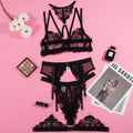 Black women's bikini set with lace embroidery on mesh, showing three-point bra and matching briefs.