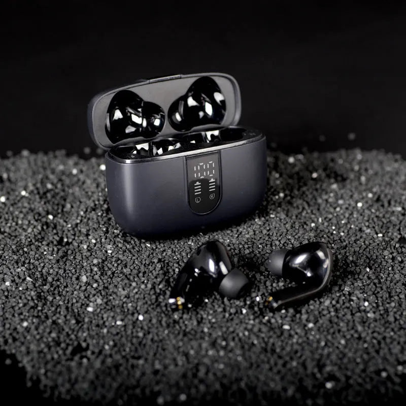 Jerry X08 wireless Bluetooth headphones with digital display and USB charging case in black colour