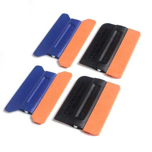 Car vinyl wrap scraper tool with a blue faux deerskin head and black ABS plastic handle.