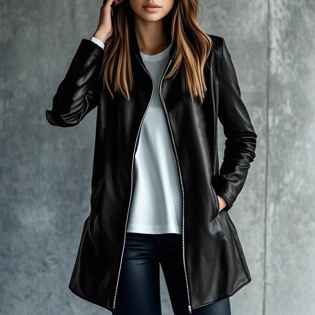 Black women's leather jacket with solid colour and long sleeves
