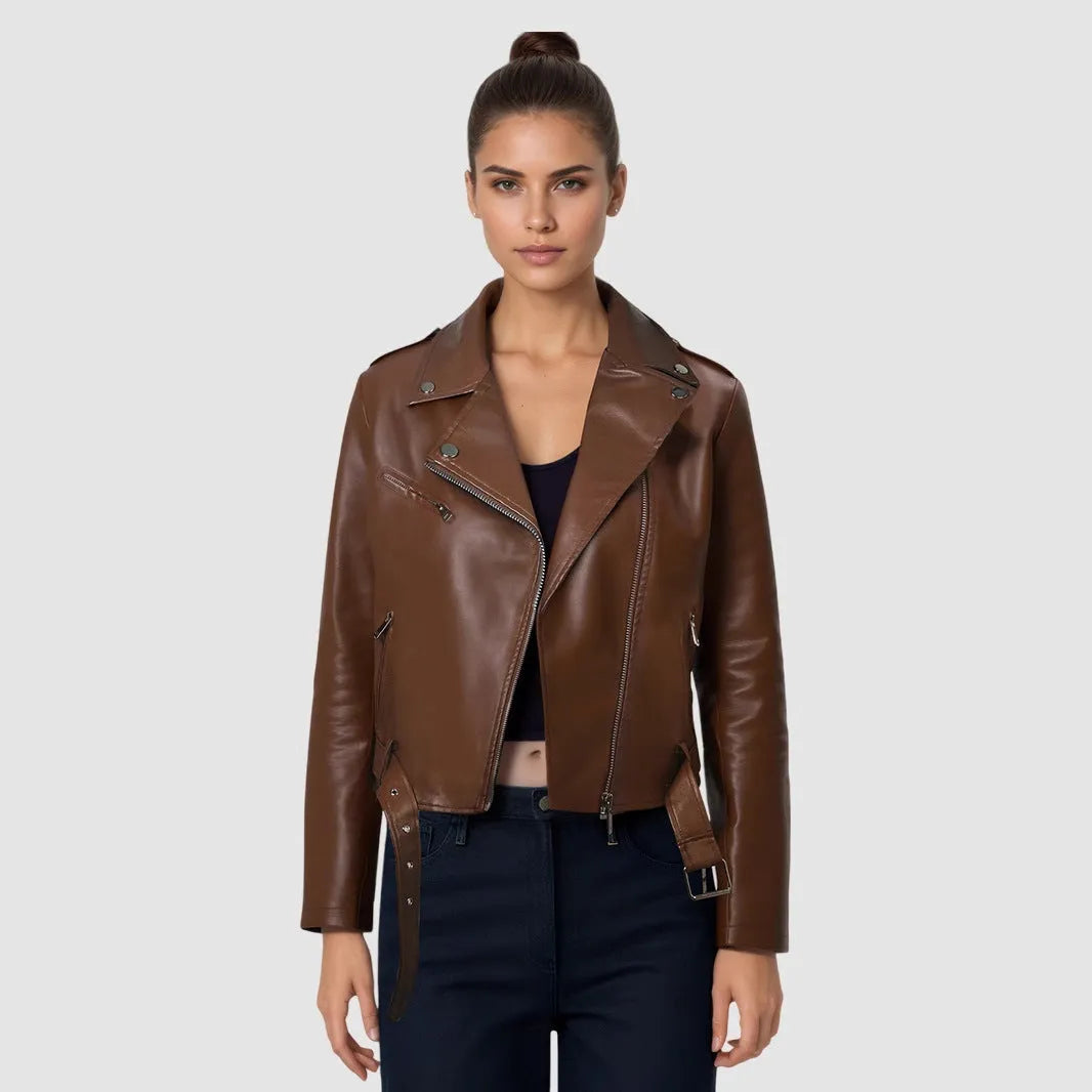 Women's red PU leather motorcycle jacket with short belt lapel and regular sleeves
