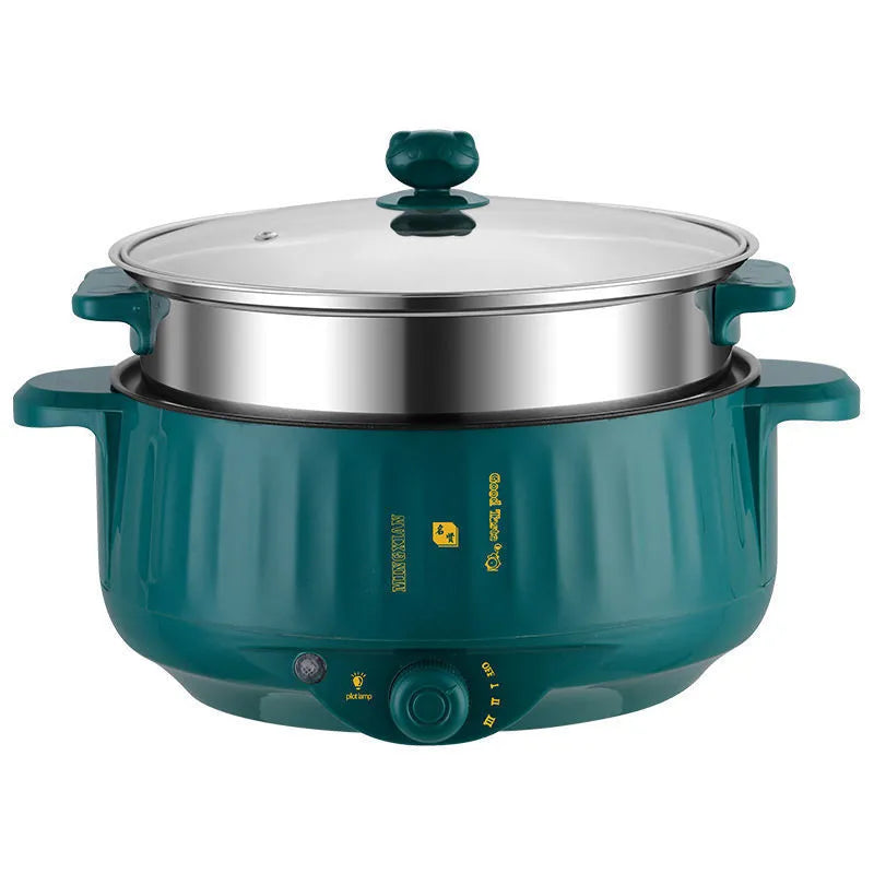 Electric hot pot with non-stick interior and integrated heating element in white or green finish