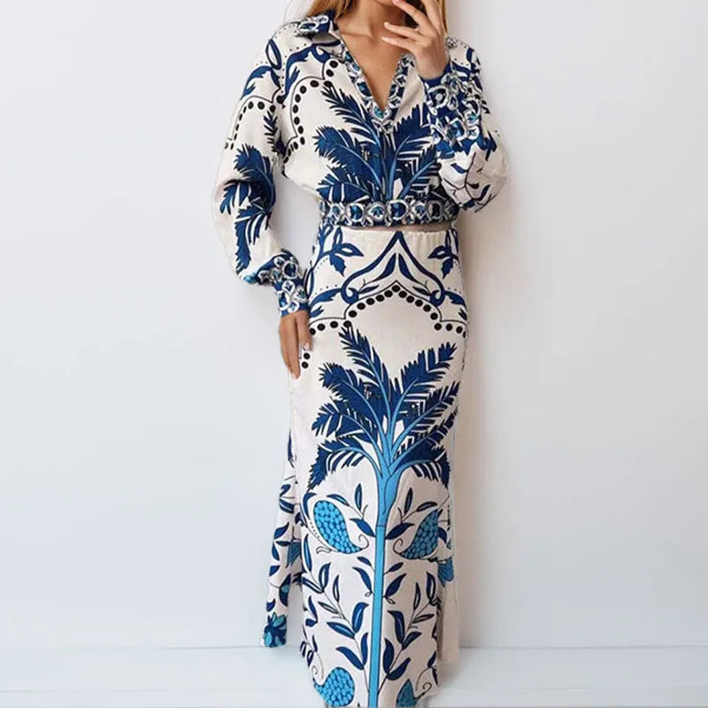 Women's early spring casual fashion set with flower print design showing long sleeve top and matching long skirt