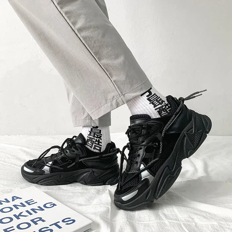 Men's Korean style platform sneakers with lace-up front and height-increasing sole in neutral colours