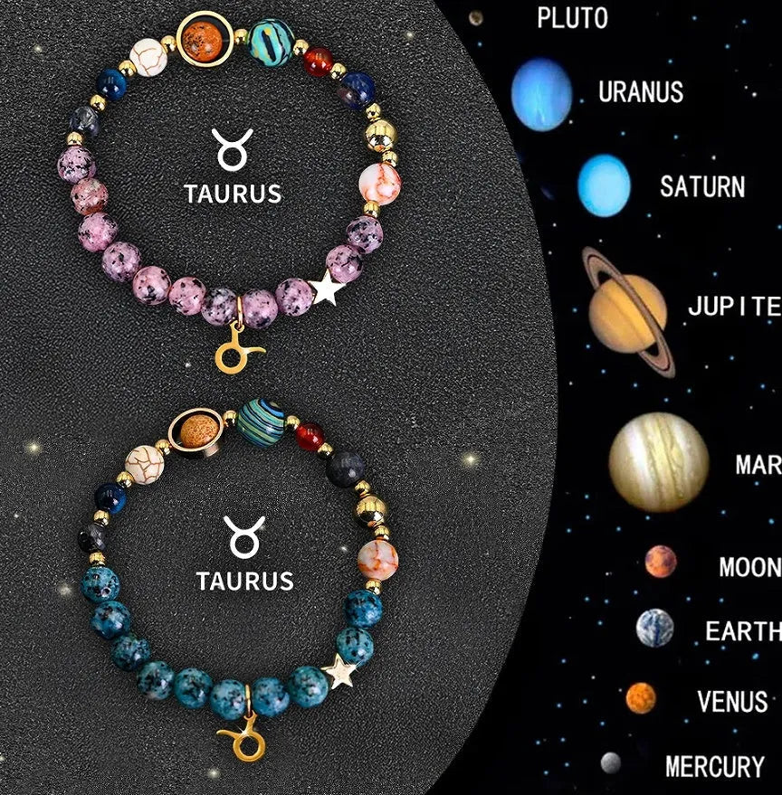 Set of two natural stone beaded bracelets with adjustable strings, showcasing zodiac constellation styles.