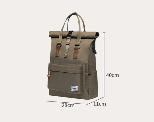 Men's casual black polyester backpack showing cover opening and internal laptop pocket.