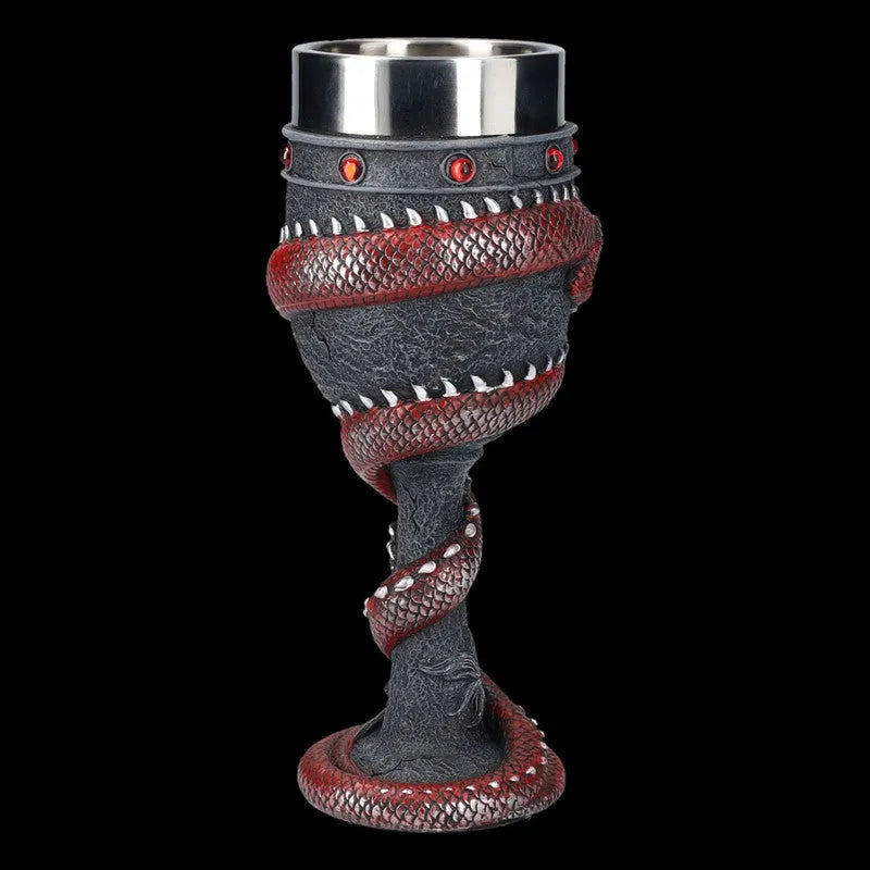 Red wine glass with gold Chinese dragon design on stainless steel stem.