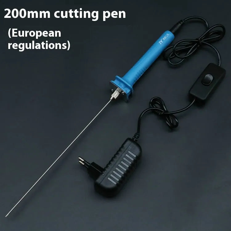 Blue plastic-handled electric heating cutter pen with adapter for cutting foam and polystyrene.