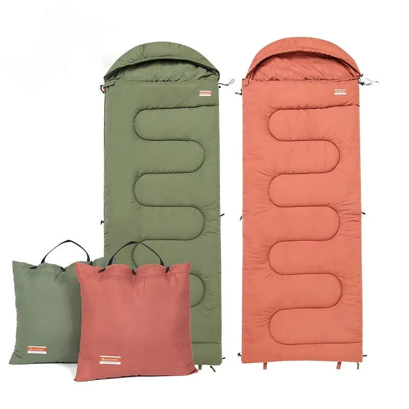 Cotton camping sleeping bag quilt in ochre or olive green colour, lightweight cold-proof design