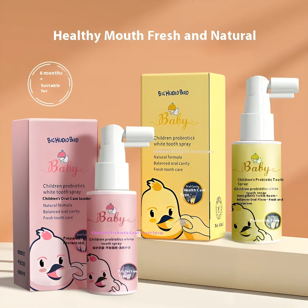 Children's probiotic oral spray bottle for teeth cleaning and cavity prevention in strawberry and orange flavours
