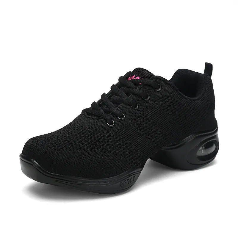 Women's Flyknit woven mesh dancing shoes with soft PU sole in multiple colour variations for summer dance and sports