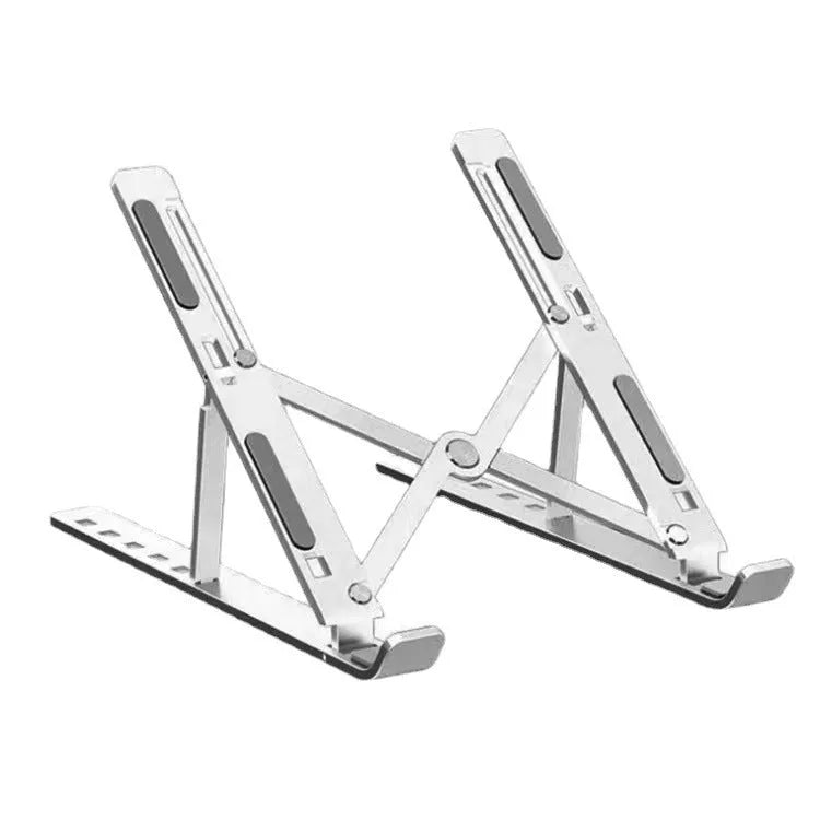 Silver aluminium alloy folding laptop stand holding a laptop at an angle