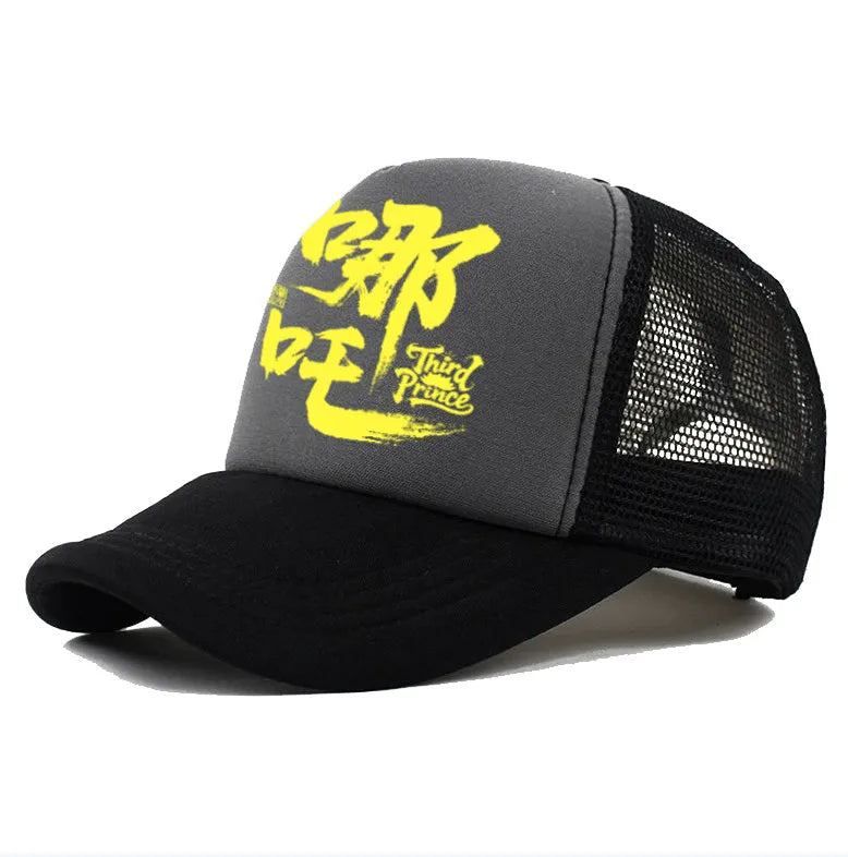 Men's polyester baseball cap showing colour options: black, blue, green, grey, pink, white.