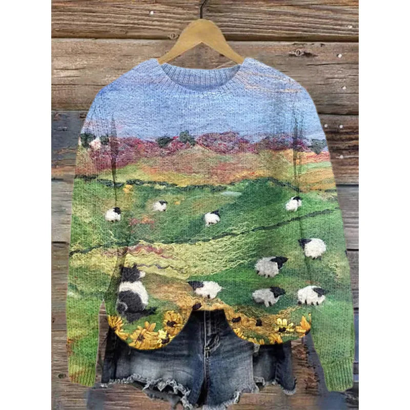 A round neck casual sweater with a small digital floral print, shown in one of thirteen available colours.