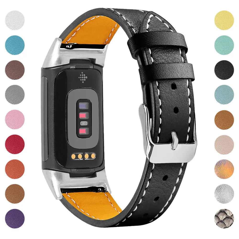 Genuine leather strap for Fitbit Charge 5 and Charge 6 smartwatches in assorted colours.