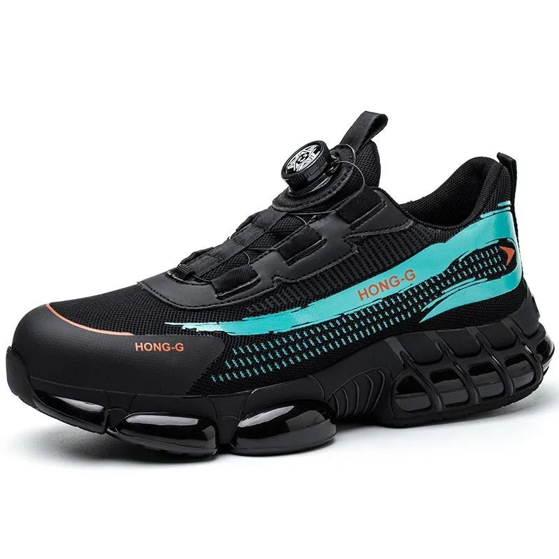 Lightweight black and grey safety shoes with steel toe cap and breathable flyknit upper for industrial work.