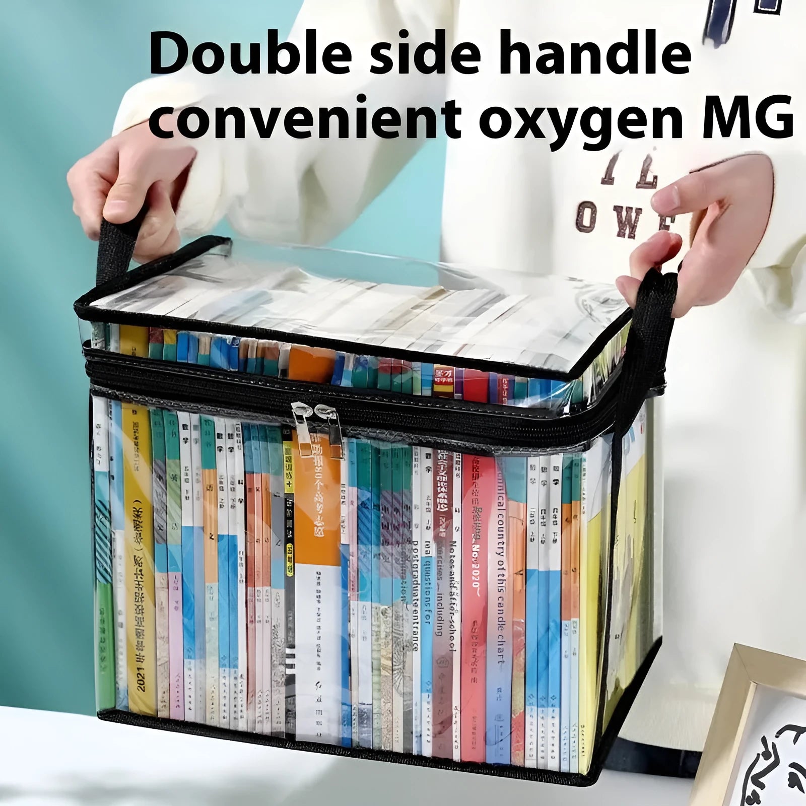 Large white foldable PVC storage bag with sealed top next to magazines.