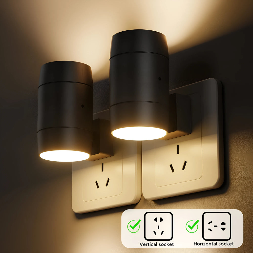 Small white plug-in night lamp with adjustable brightness control and rotatable light head