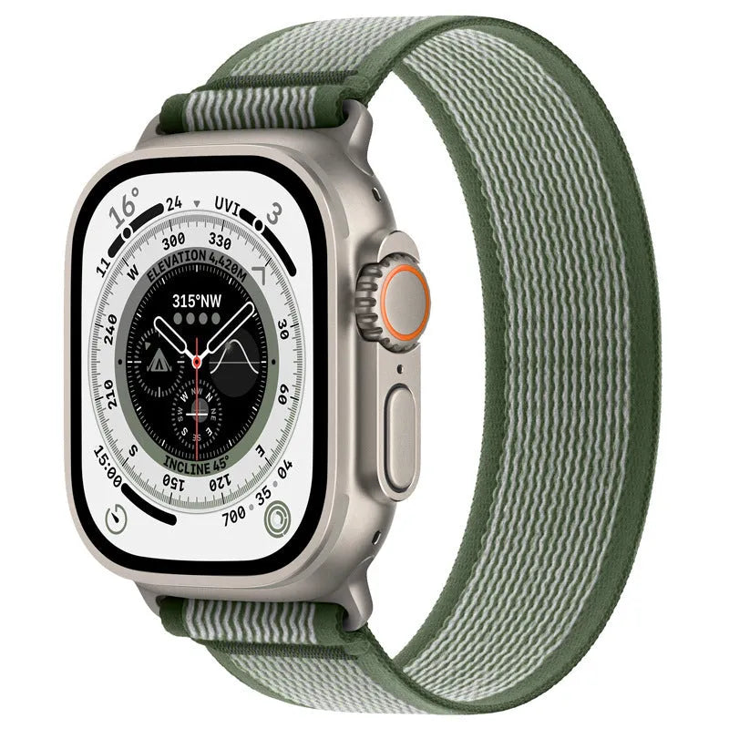 Black nylon Apple Watch band with integrated ring closure on a 44mm watch case.